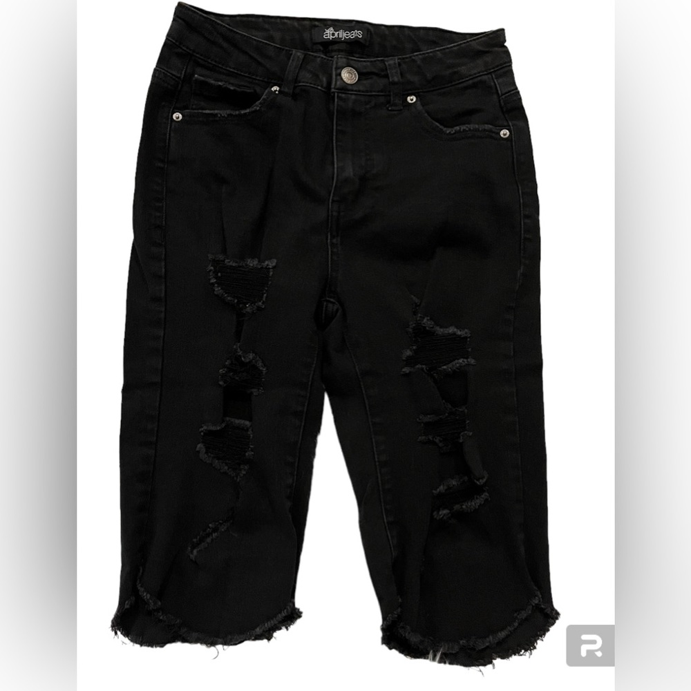 April Jeans High Rise Size 3 Black Cut Out Distressed Knee Length Jean Shorts